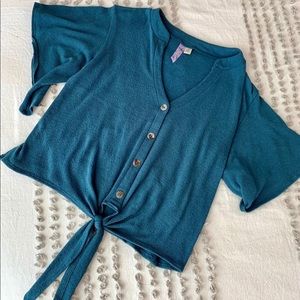 Blue/aqua v neck button tie shirt